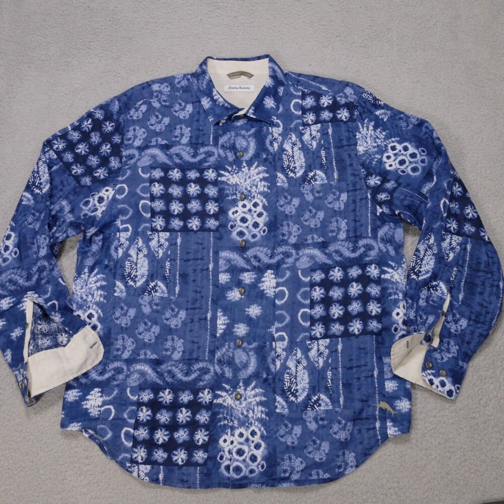 Tommy Bahama Button Up Shirt Mens Large Linen Blue Floral Long Sleeve